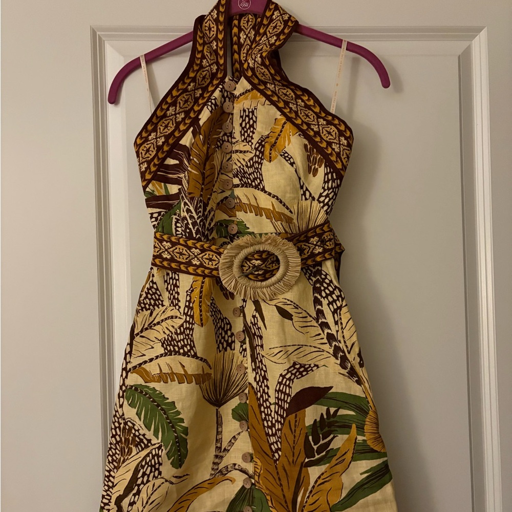 Farm Rio Foliage Sketch Sand Halter Dress XXS NWT